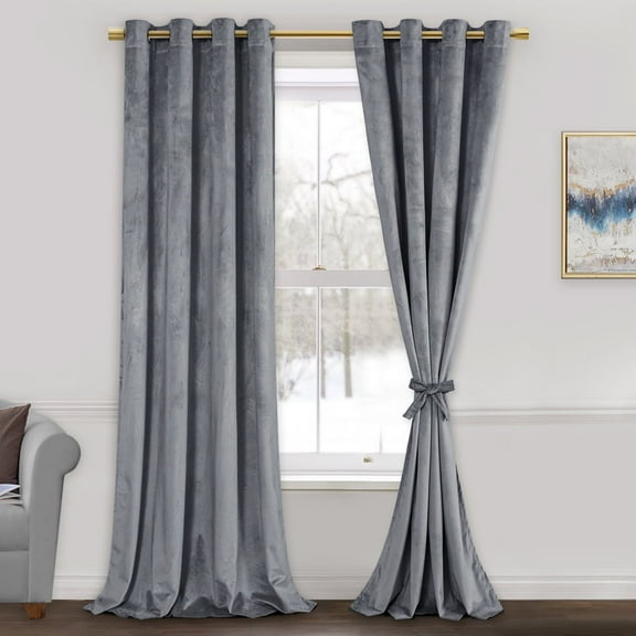 JIUZHEN Grey Velvet Curtains 96 inches for Living Room - Thermal Insulated Room Darkening Grommet Thick Velvet Window Drapes for Bedroom/Dining, Set of 2 with Tiebacks, W52 x L96