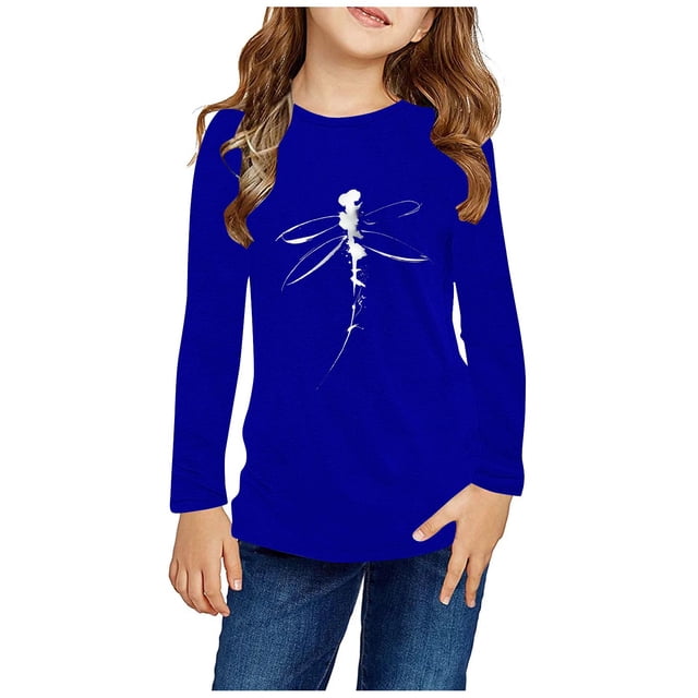 RXIRUCGD Chemises à Manches Longues pour Filles, Col Rond Mignon, Blouses Décontractées Élégantes (Bleu, Taille : 5 Ans)