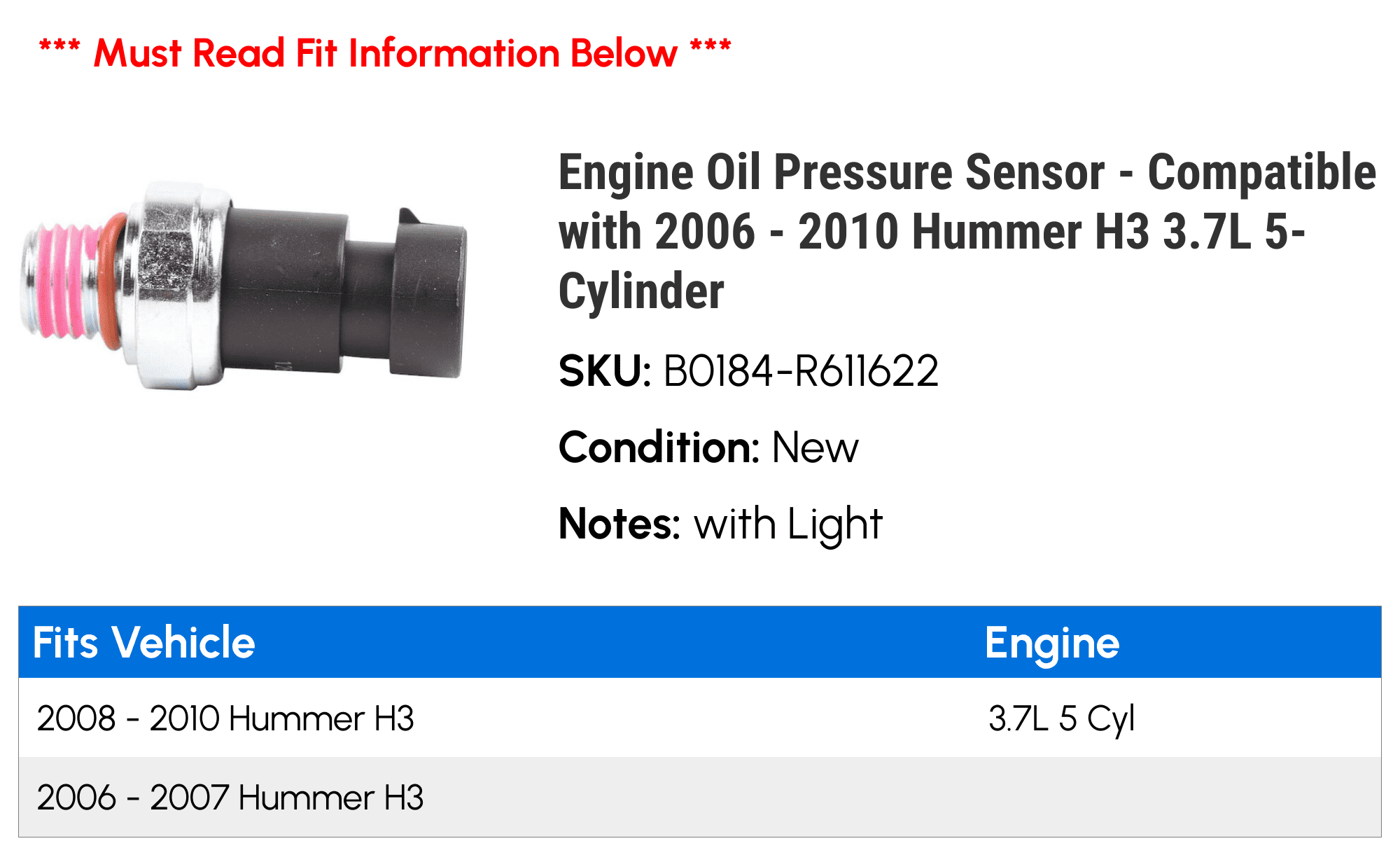 Engine Oil Pressure Sensor - Compatible with 2006 - 2010 Hummer H3 3.7L 5-Cylinder 2007 2008 2009