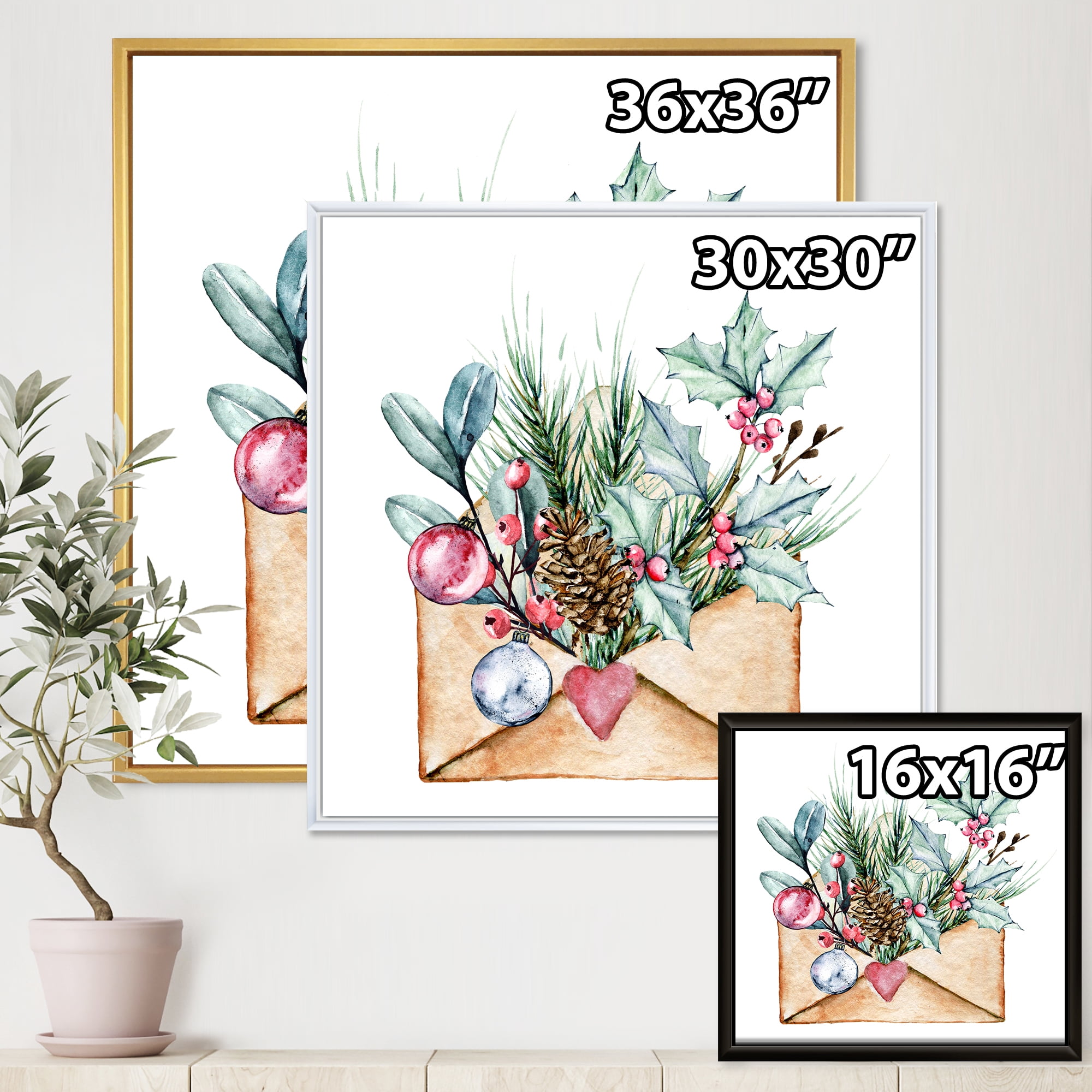 Merry Christmas Greeting Card Envelope 30 in x 30 in Framed Painting Canvas Art Print, by Designart