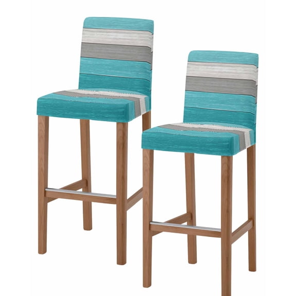 Turquoise Wood Grain Bar Stool Covers Set of 2, Country Retro Wooden Plank Gray Stretch Washable Bar Chair Covers with Backs, Removable Pub Counter Height Chair Cover for Kitchen Dining Room Cafe