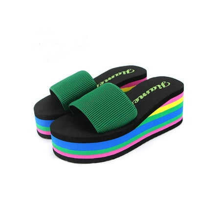 

Crocowalk Womens Platform Sandal Color Block Summer Slides Slip On Wedge Sandals Ladies Heels Shoe Beach Fashion Open Toe Shoes Green 5.5