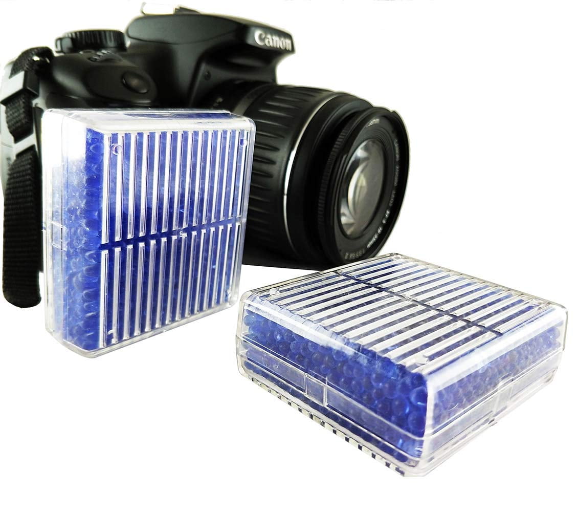 EXMAX Blue Indicating Silica Gel Beads(2-4mm) Desiccant Functional Hard Plastic Canister Dehumidifier Moisture Absorb Box Dryer for Camera Microscopes Telescopes - 10 Pack