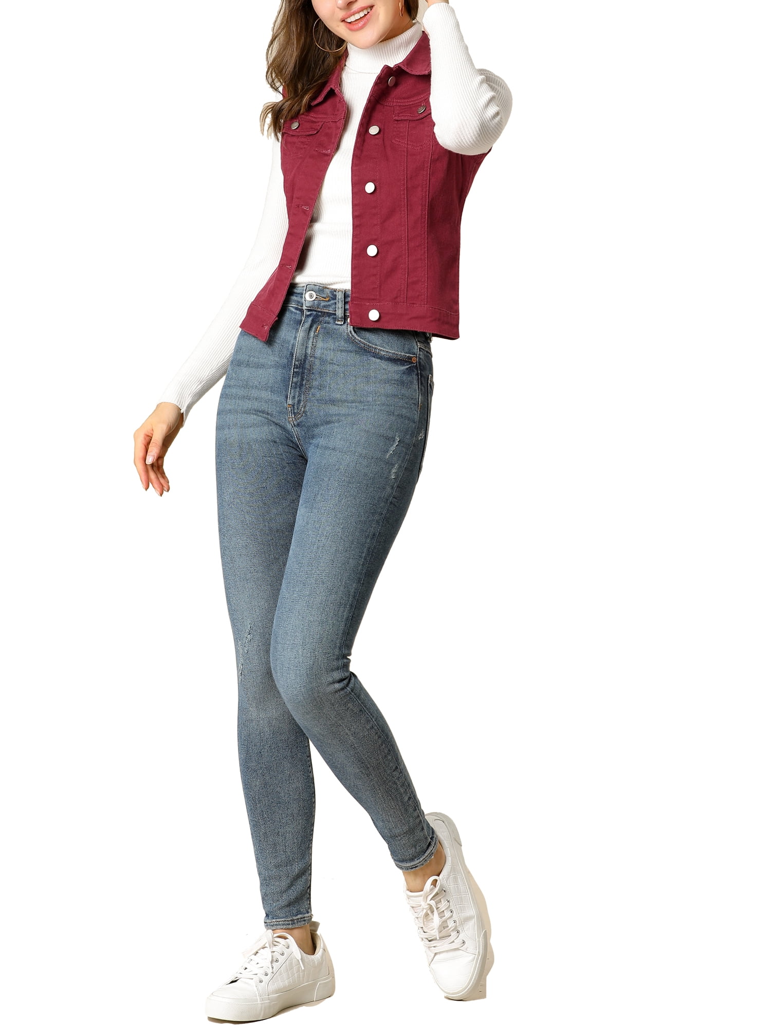 DARING DIVA Women's Denim Sleeveless Flap Pockets Vest Jacket L Burgundy
