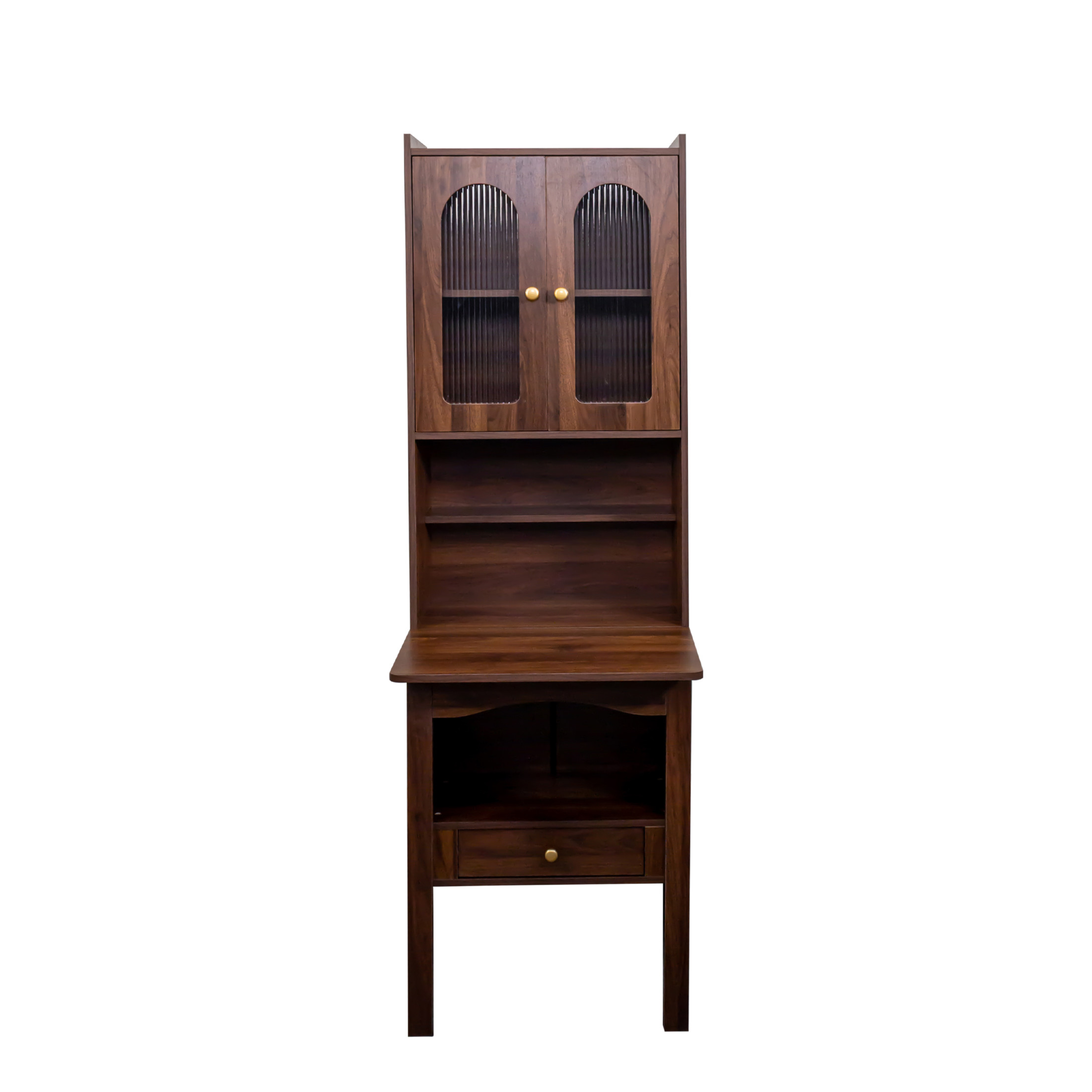 Noble House Maddox 23.6" Fold-Out Convertible Desk Cabinet, Space-Saving Writing Table with Shelf and Drawer, Walnut