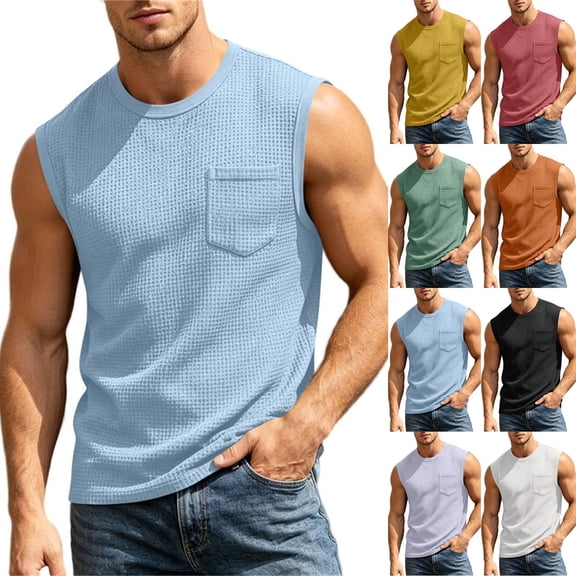 Pafei Tyugd Tank Shirts for Men with Pocket Casual Crewneck Muscle Tank Tops Big and Tall Sleeveless Basic T-shirt Light Blue M