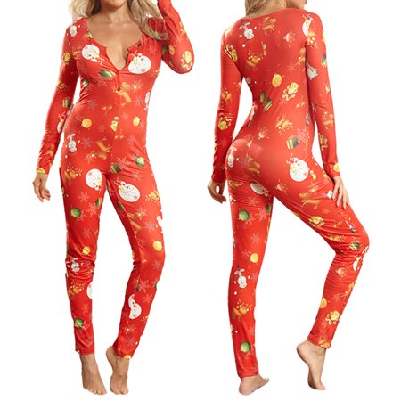 

Famure Sexy Printed Christmas Pajamas Women s One Piece Onesie Women s V-Neck Jumpsuit Long Sleeve Bodycon Pajamas Onesie Romper Bodysuits Outfits for Adult