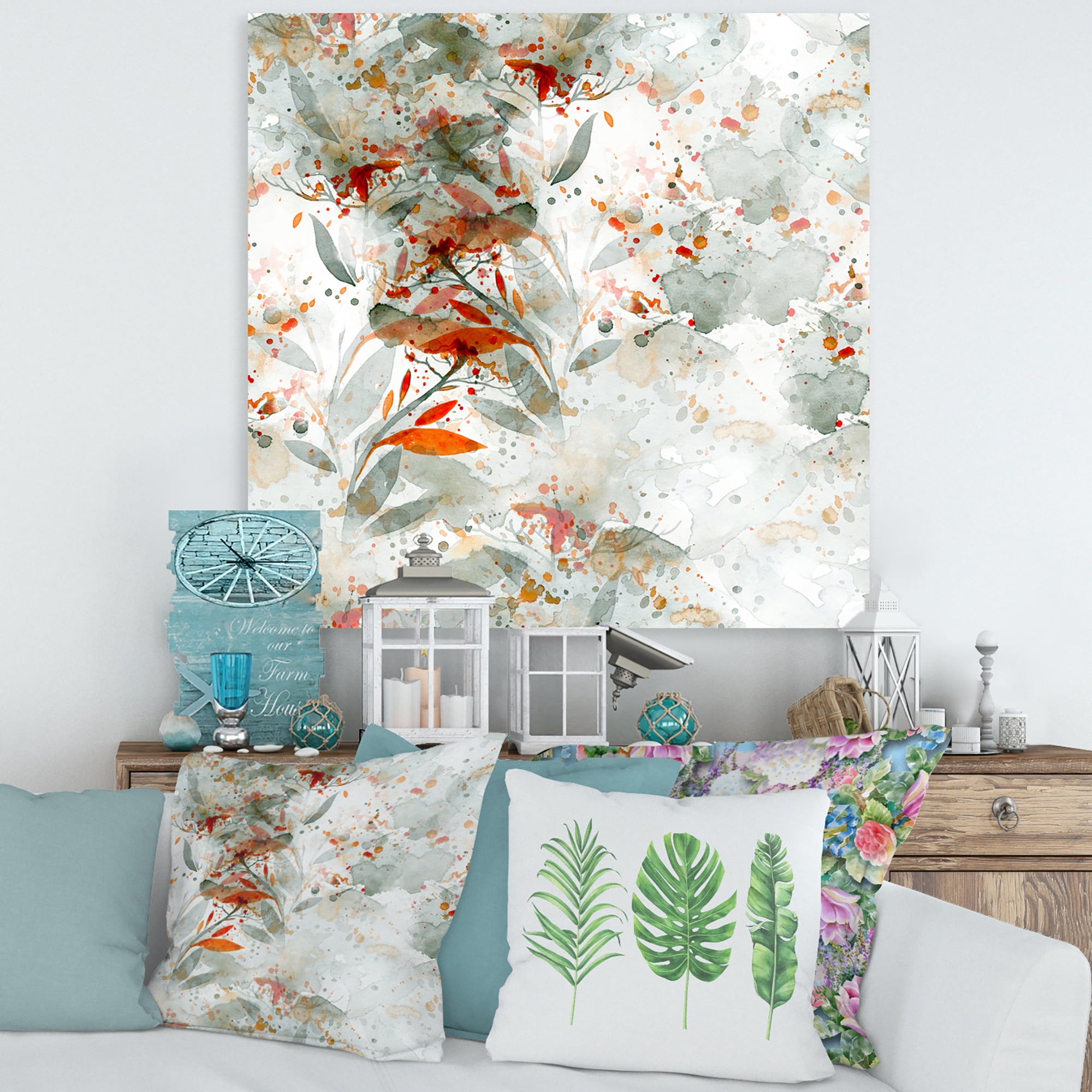 Designart ' Orange and Green Wildflowers II ' Modern Canvas Wall Art Print