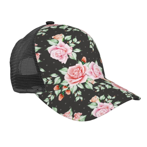 Lsque Rose Flowers Printed Trucker Hat - Baseball Cap for Men Women - Breathable Mesh Side, Adjustable Fit - for Casual Wear