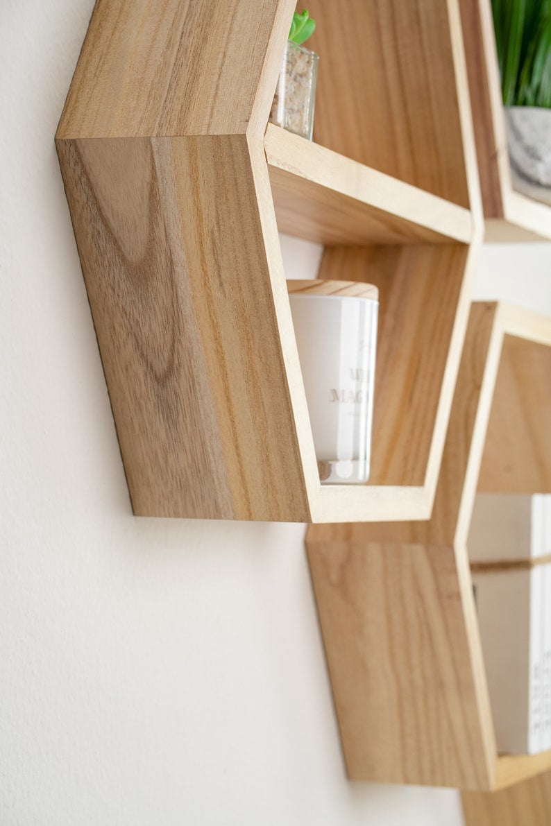 Geometric Hexagon Honeycomb Natural Wood Floating Shelves (4 Count)