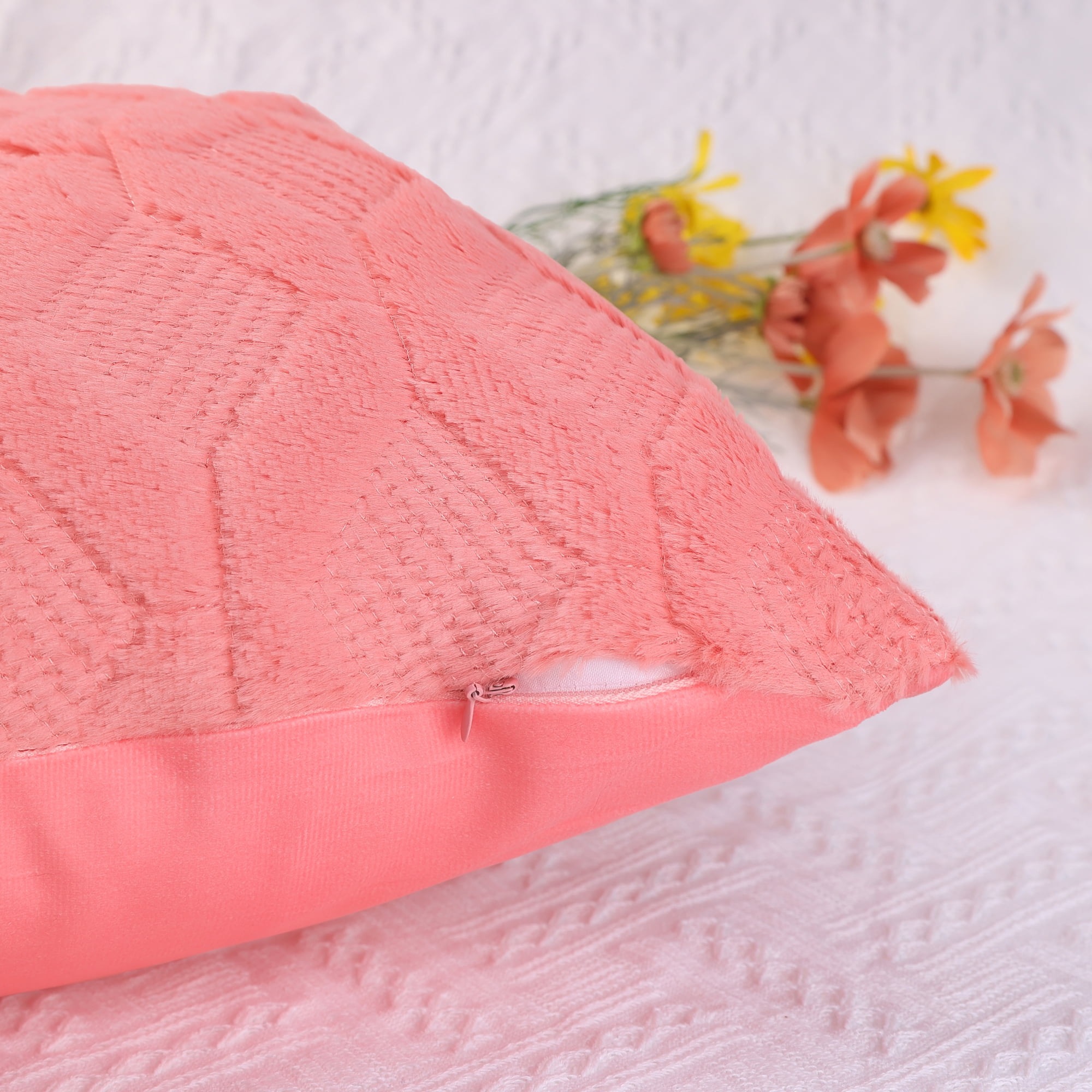 Unique Bargains Short Plush Solid Living Room Decorative Pillow Covers (2 Count) Coral Red 18" x 18"