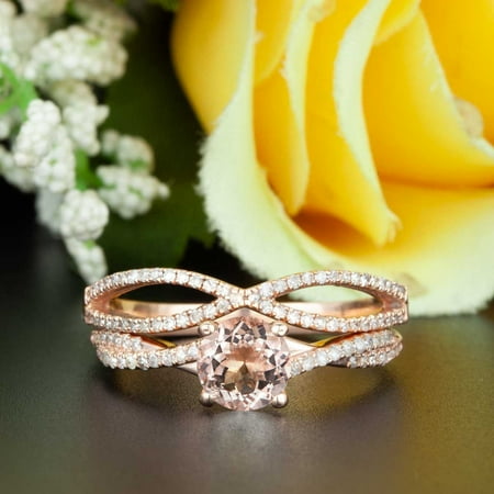 Diamond Bridal Ring Guard - 2 Carat Round Cut Peach Morganite and Diamond Bridal Ring Set in Rose Gold Celebrity Ring