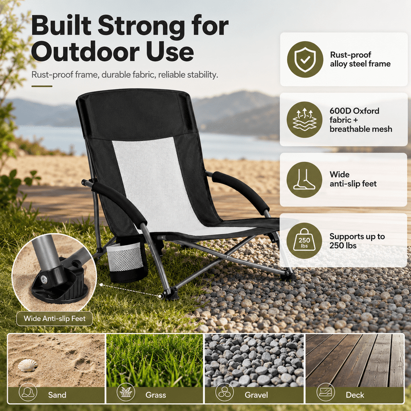 Simple Deluxe Folding Low Beach Chair for Adults, Lightweight Breathable Mesh Back & Storage Pockets Camping Chair with Cup Holder & Padded Armrests, 250 LBS Capacity, Lawn, Picnic, Sand, Black