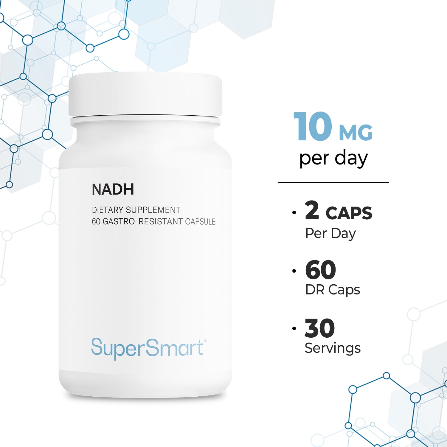 SuperSmart NADH – 5mg Per Day (Reduced Nicotinamide Adenine Dinucleotide) - NADH Supplement | Non-GMO & Gluten-Free - 60 Delayed Release Capsules