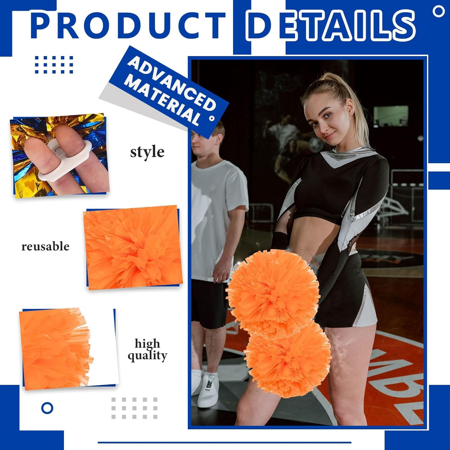Cheerleader Pom Poms 24 Pack Sports Dance Cheering Plastic Metallic Cheerleading Pom Poms for Kids Adults-Ring Style