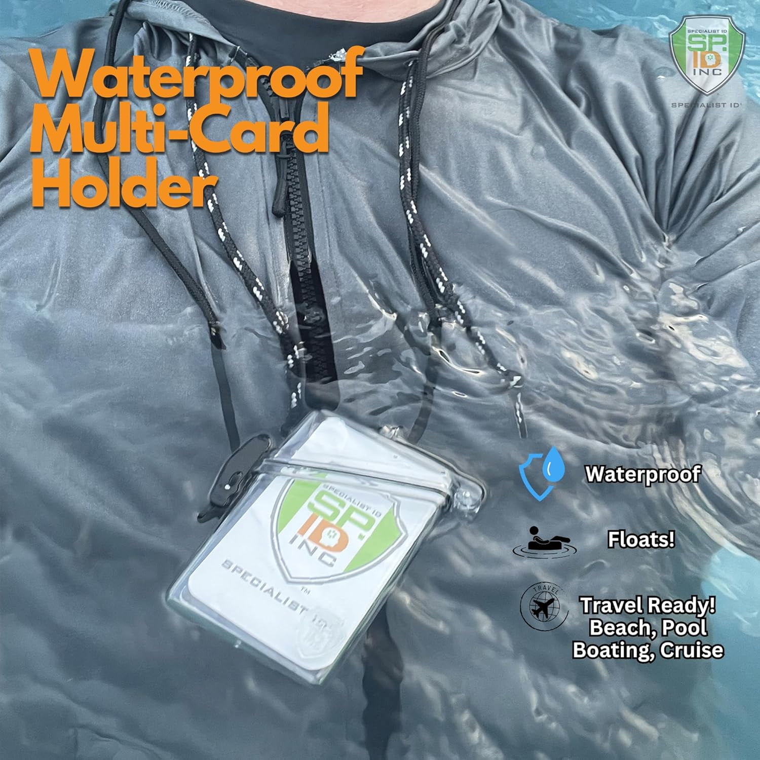 Waterproof ID Badge Holder with Lanyard & Clip - Money Holder for Swimming, Beach or Cruise - Clear Hard Plastic Water Proof Case for Key, Credit Cards & Travel by Specialist ID (Clear)