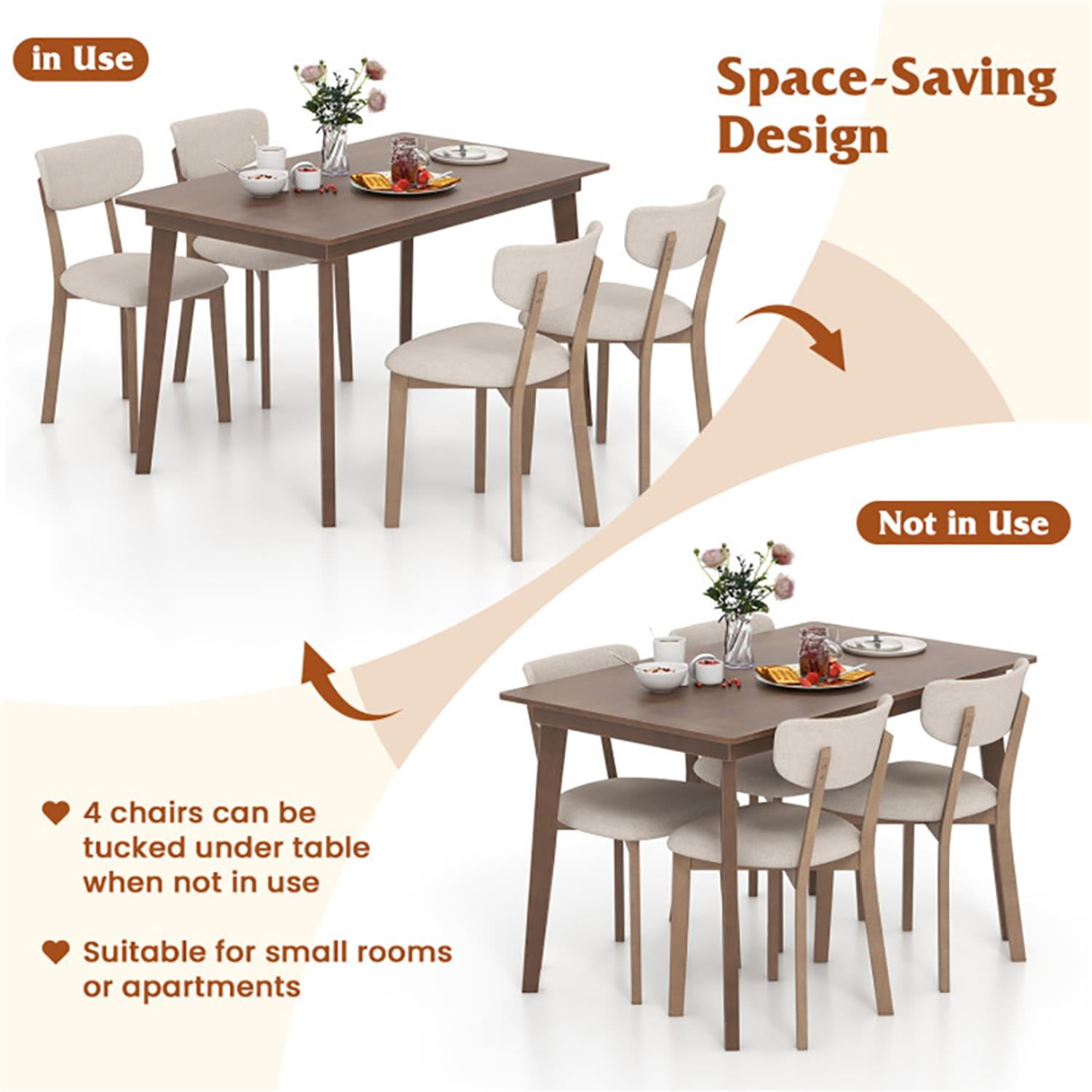 Demi Bonn 5-Piece Dining Table Set with 4 Chairs, 48" Kitchen Table with Rubber Wood Frame and Padded Set, Perfect for Small Space, Brown