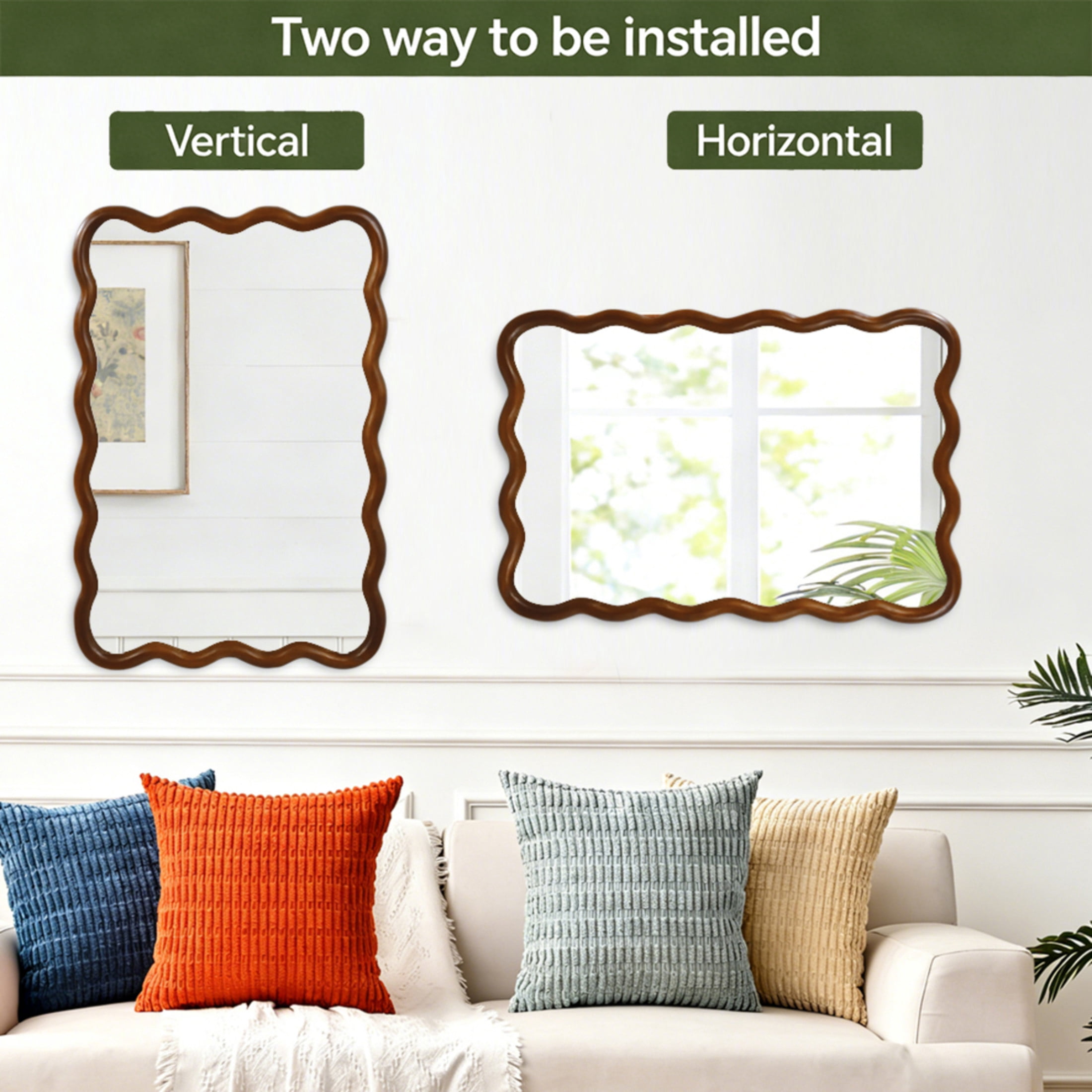 Noble House 24"x36" Wavy Rectangle Wall Mirror, Solid Wood Frame Decorative Accent Mirror for Entryway/Bathroom, Walnut