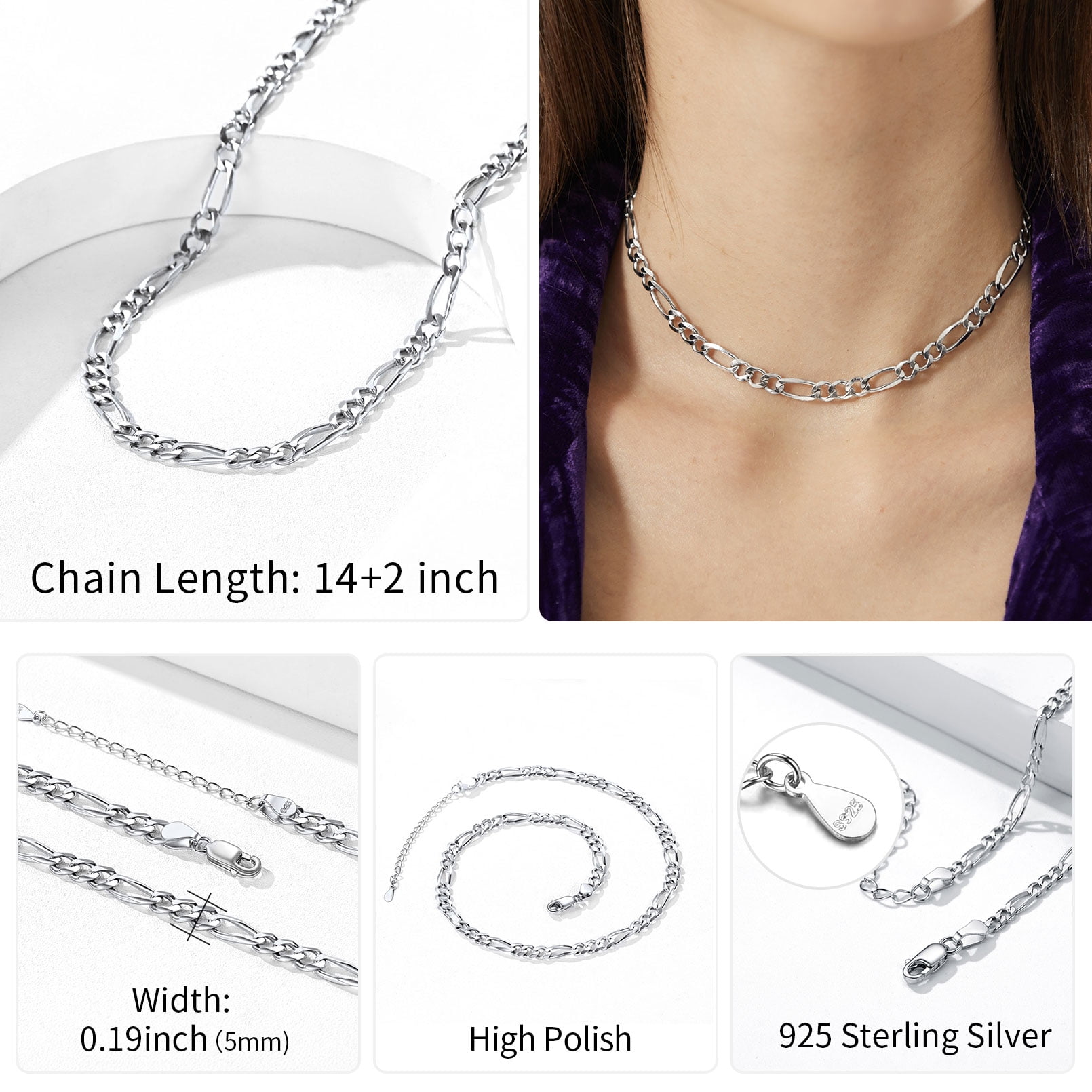 ChicSilver Italian S925 Sterling Silver 3mm Figaro Chain