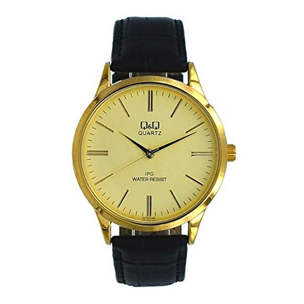 Q&Q - Q&Q C214J100Y Men's Gold Tone Simplistic Brown Leather Band Gold ...