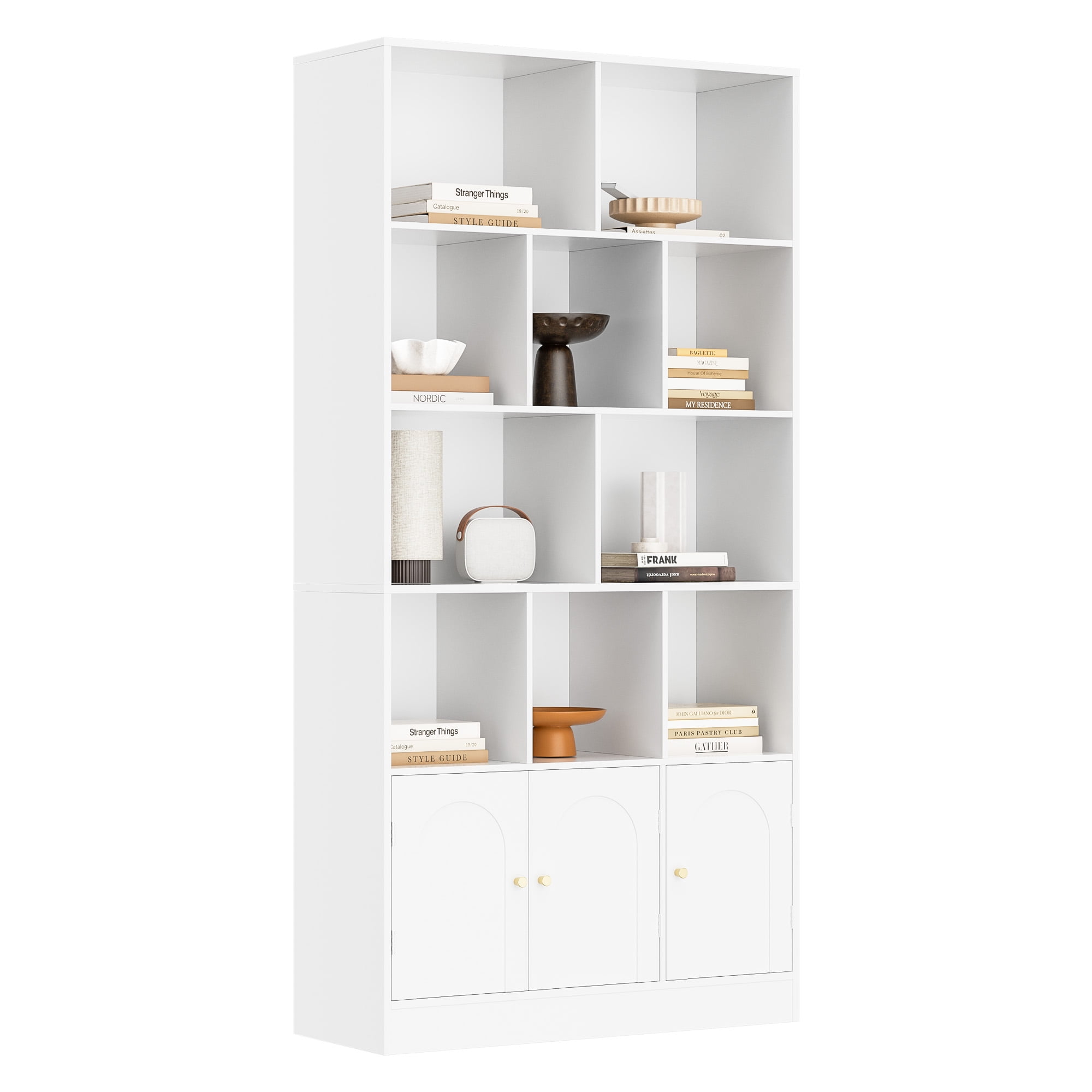 4-Tier Tall Bookshelf with 3 Doors, 71" Open Shelf Bookcase with 10 Cubes, Modern Cube Storage Organizer for Living Room, and Office, White