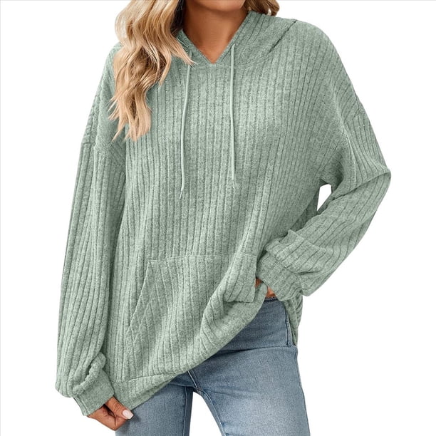 Sudadera con Capucha de Punto Acanalado para Mujer, Sudaderas Extragrandes con Bolsillo Tipo Canguro, Tops Casuales Holgados con Cordón Verde XXL