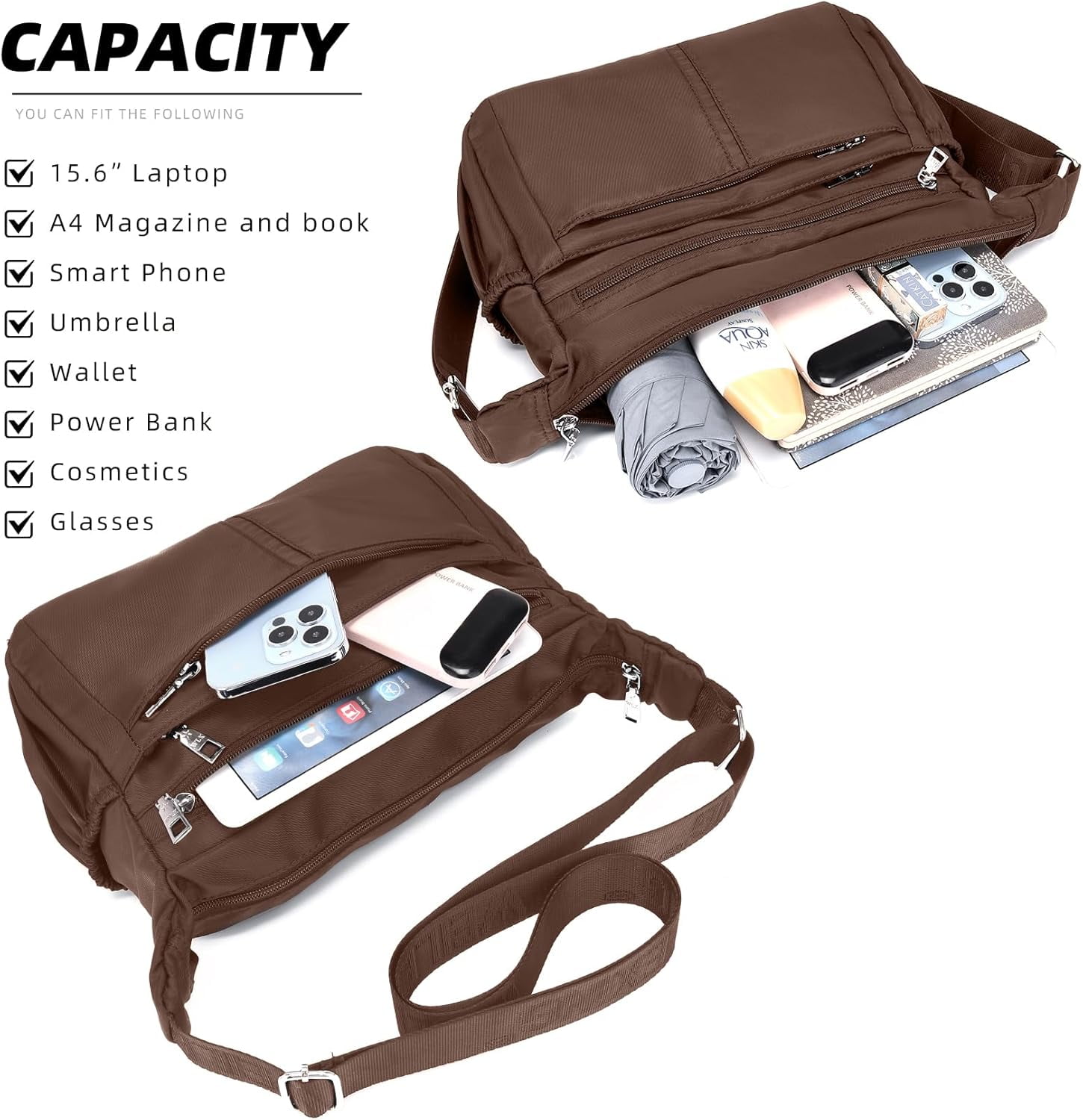 Women Shoulder Bag Multi-Pockets Handbag Water-Resistant Nylon Crossbody Bags Large Purses Lightweight Messenger Bag Black