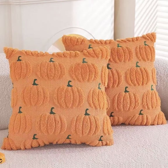 Fall Pillow Covers 18 x 18 Set of 2 Pumpkin Pattern Embroidery Decorative Throws Pillowcases Autumn Halloween Soft Plush Faux Wool Pillows for Home Couch Sofa Bedroom Chair (Ginger)
