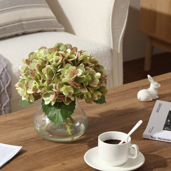 Artificial Hydrangea Flowers in Glass Vase with Faux Water, Realistic Silk Floral Arrangement Centerpiece for Table Shelf Bathroom Home Wedding Decor White