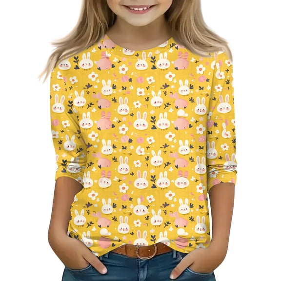 YOUYEDIAN Easter Kids 3/4 Length Sleeve Shirts Girls 2026 Festival Cute Funny Bunny Print Tunic Crew Neck Tees Tops Holiday Casual Cotton Clothes (Yellow, 11-12 Years)