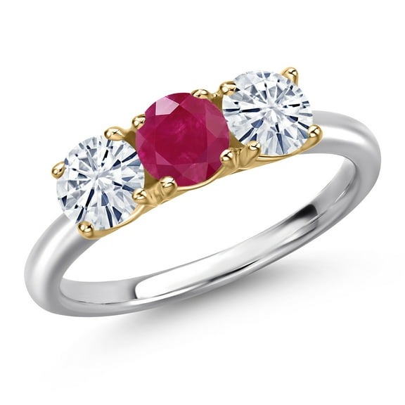 Gem Stone King 10K Two Tone Gold Red Ruby and White Moissanite Engagement Ring for Women | 1.55 Cttw | Round 5MM | Gemstone July Birthstone | Size 8