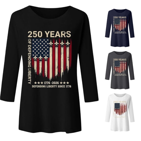Trendfront Womens 250th Anniversary 3/4 Sleeve Tee American Flag Letter Crewneck loose fit Tops 4th of July Patriotic T Shirts Daily Wear