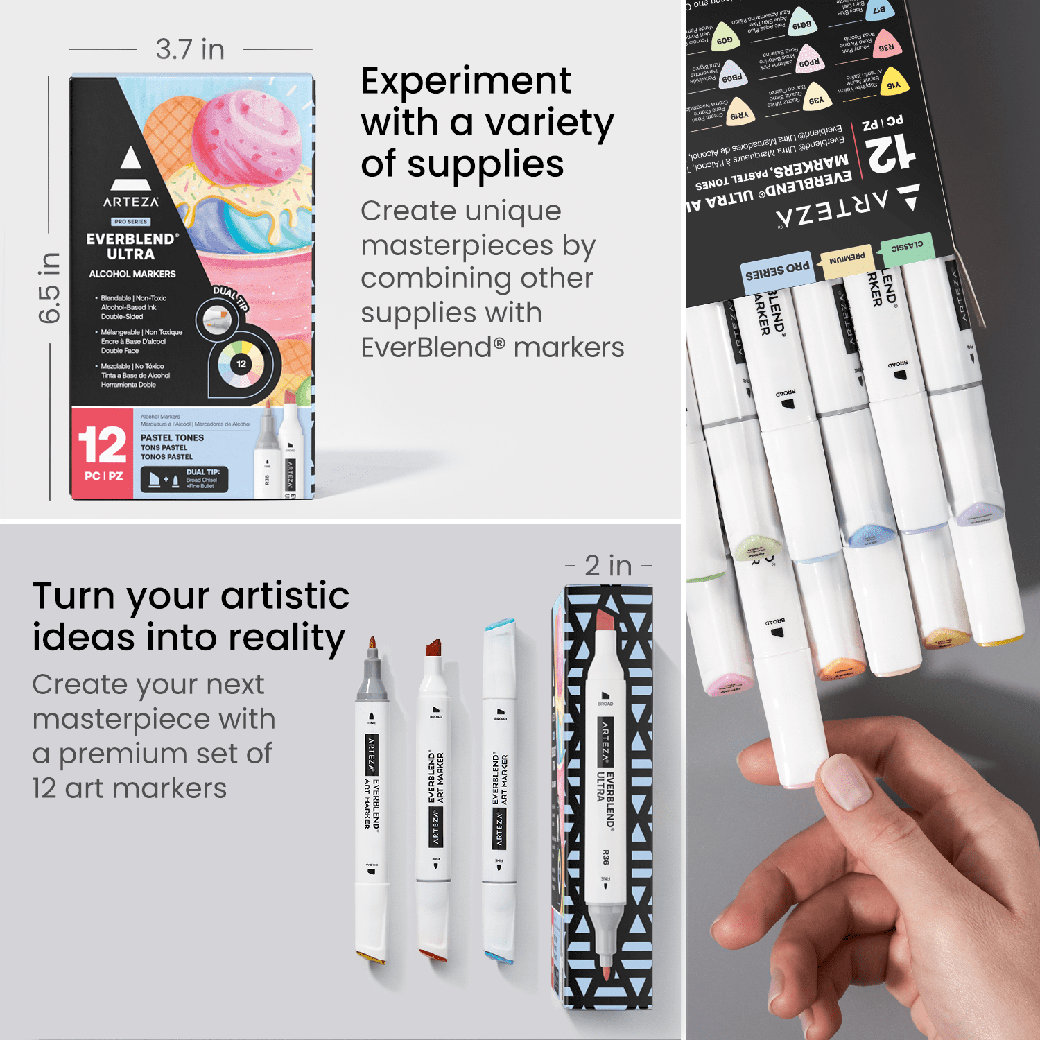 Arteza EverBlend Ultra Markers 12/Pkg-Pastel, Broad Chisel And Fine Tip