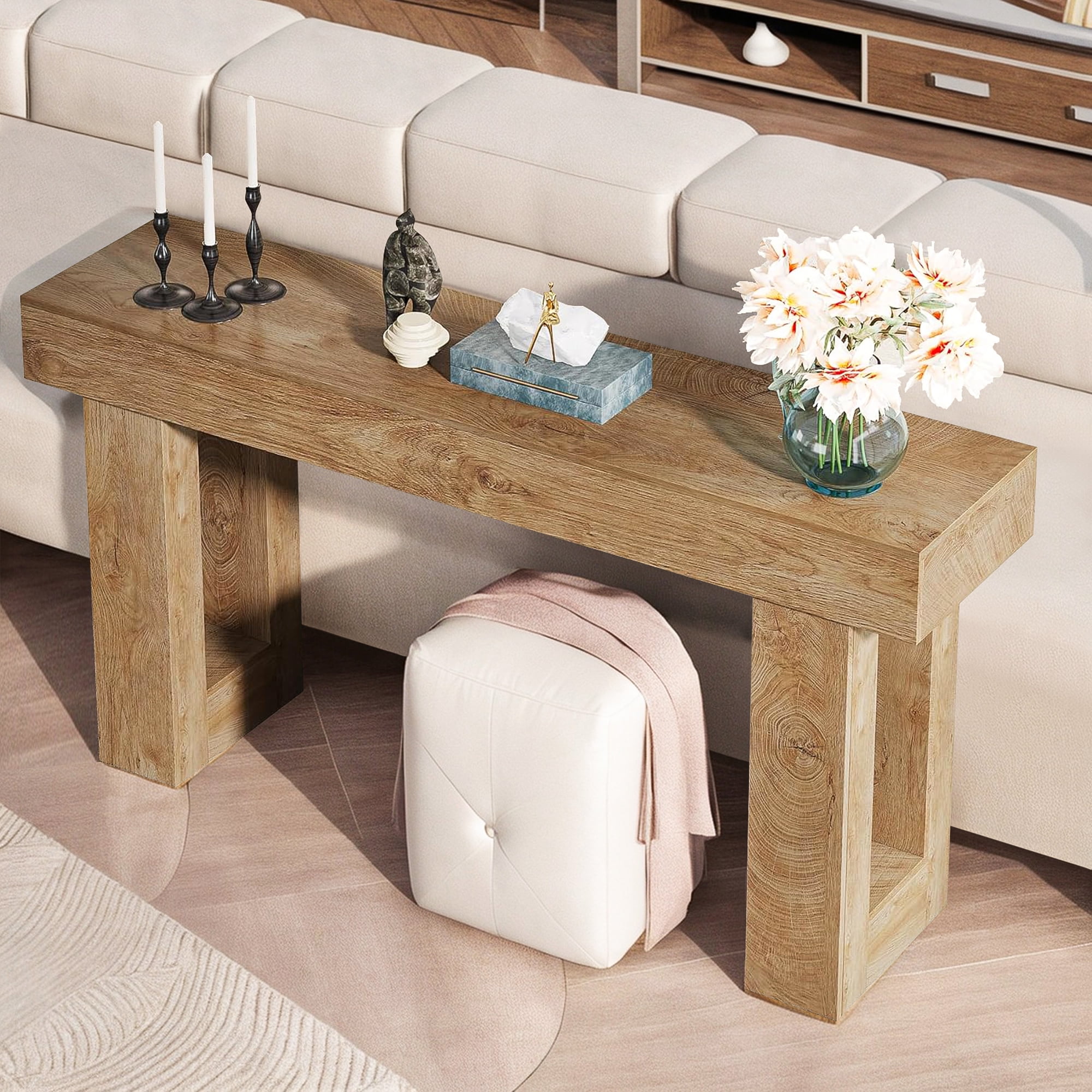 Demi Bonn 63" Console Table, Farmhouse Wooden Sofa Table Entryway Table for Hallway, Entrance, Living Room, Bedroom, Light Brown