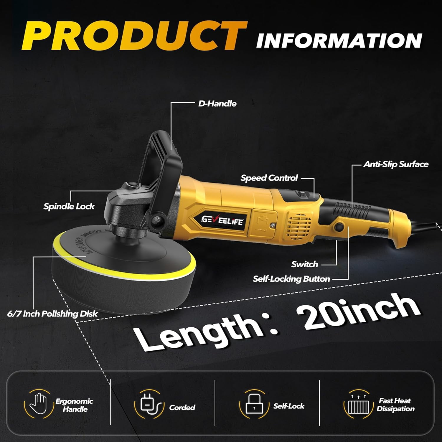 GEVEELIFE Buffer Polisher, 6 Inch/7 Inch 1600W Rotary Car Buffer Polisher Waxer, 7 Variable Speed 1000-3500 RPM, Detachable Handle for Car, Boat Sanding, Polishing, Waxing(Yellow)