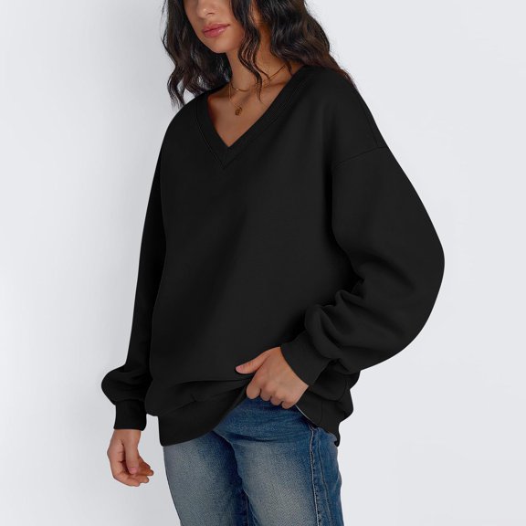 Womens V Neck Oversized Sweatshirts Casual Drop Shoulder Long Sleeve Pullover Tops Black 2XL