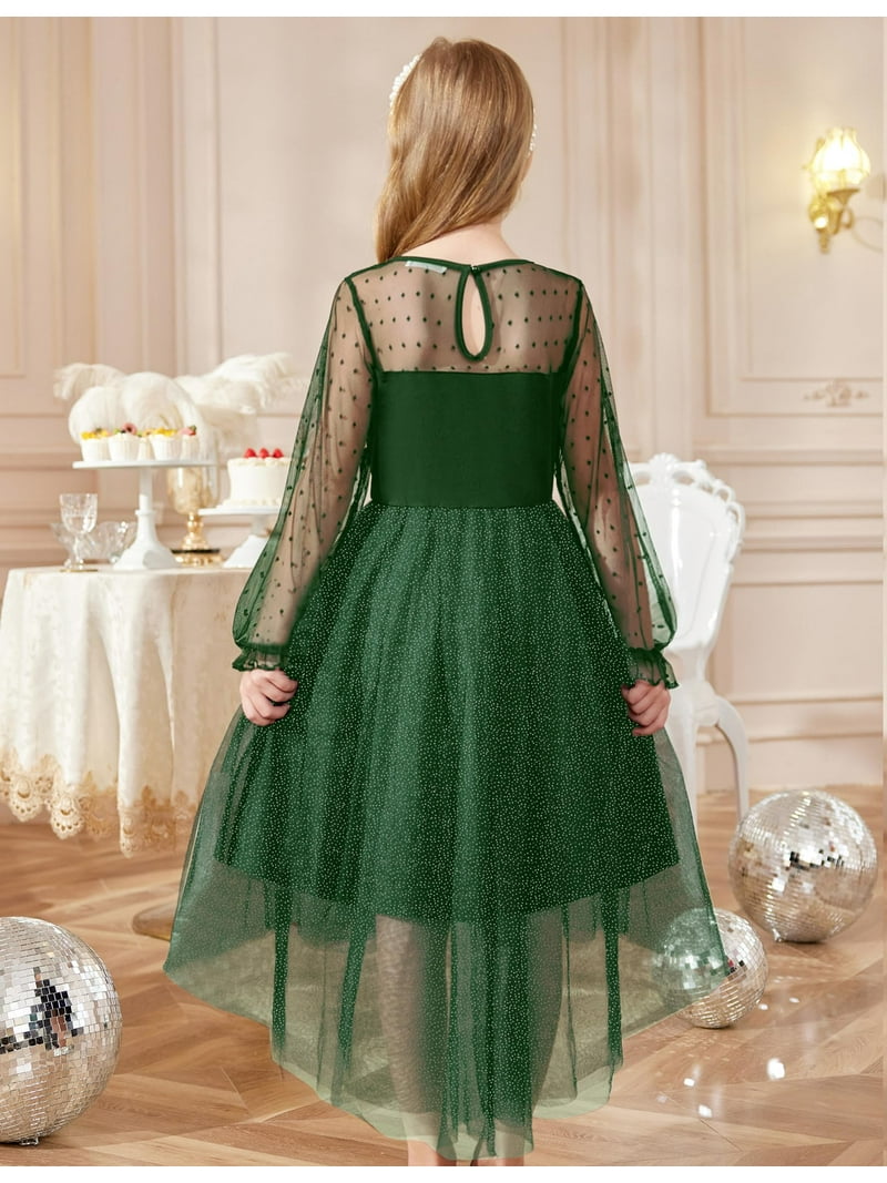 birthday long sleeve dresses Girls Long Sleeve Velvet Princess Dress for Fall Winter Elegant Soild Birthday Party Dresses, Green / 12