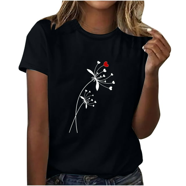 yievot Chemises pour Femmes Mode Manches Courtes Col Rond Impression de la Saint-Valentin Chandail Décontracté T-Shirt Hauts Chemise