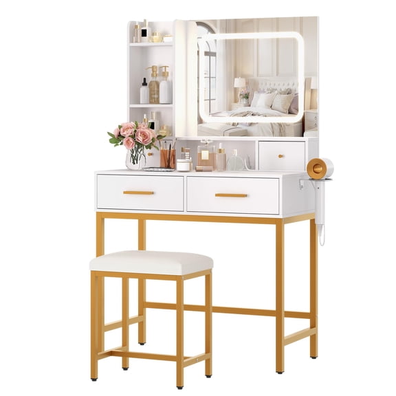 Juiluna Vanity Desk, Makeup Vanity Desk with Mirror and Lights 3 Colors, Dressing Table with Chair, Makeup Table Set with 4 Drawers, Power Outlet & Storage Shelves, for Bedroom, White