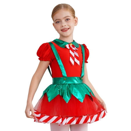Haitryli Kids Girls Christmas Elf Dress Puff Sleeve Tutu Dress Figure Skating Dance Leotard Red 6