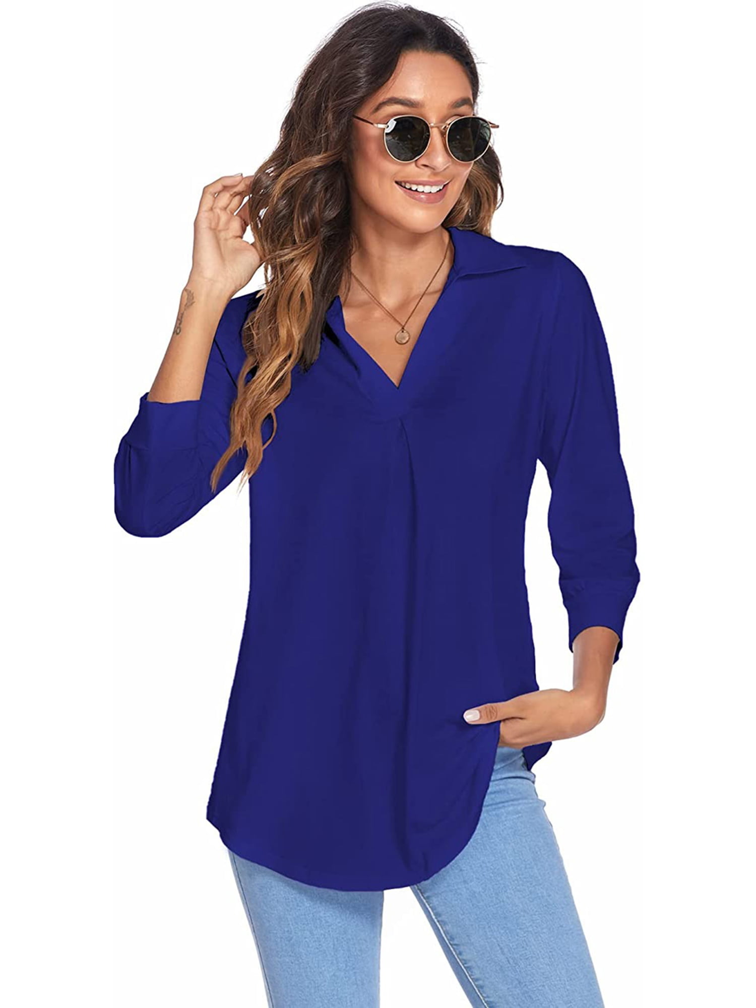 PVTOSD 3/4 Sleeve Tops for Women, Women Tops Summer Women's Tops 2023  Cotton Underscrub Tees V Neck Shirts Print Lace Casual Blouse Loose Work  Tunic Tops Trendy Brown Shirt Fashion (S, Blue)