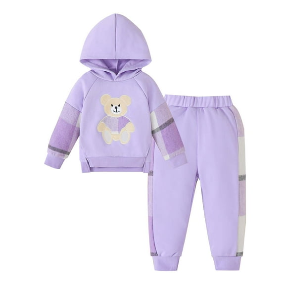 Kucnuzki 4T Toddler Girls Outfit Set 5T Child Clothes Winter Long Sleeves Bear Pullover Hoodie Sweatshirt Hooded Top Plaid Color Block Pants 2pcs Outwear Warm Clothing Purple