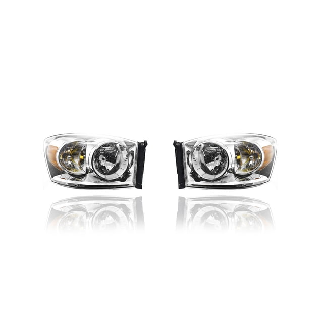 Headlight Assembly - Compatible/Replacement for '07-09 Dodge RAM Pickup - Chrome Interior - Pair, Left Driver + Right Passenger Set - 68003124AD, 68003125AD