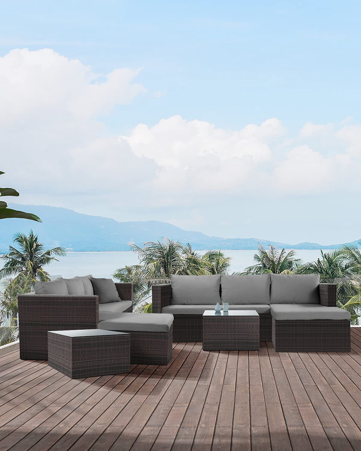Patio Furniture Set, Lofka 7-Piece Outdoor Sectional Sofa with Tempered Glass Table for Backyard & Porch, Wicker | Metal | Gray