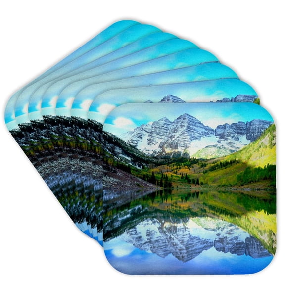 3drose, Usa, Colorado. Rocky Mountains, Maroon Bells Reflect in Maroon Lake., Set of 8 Coasters - Cork