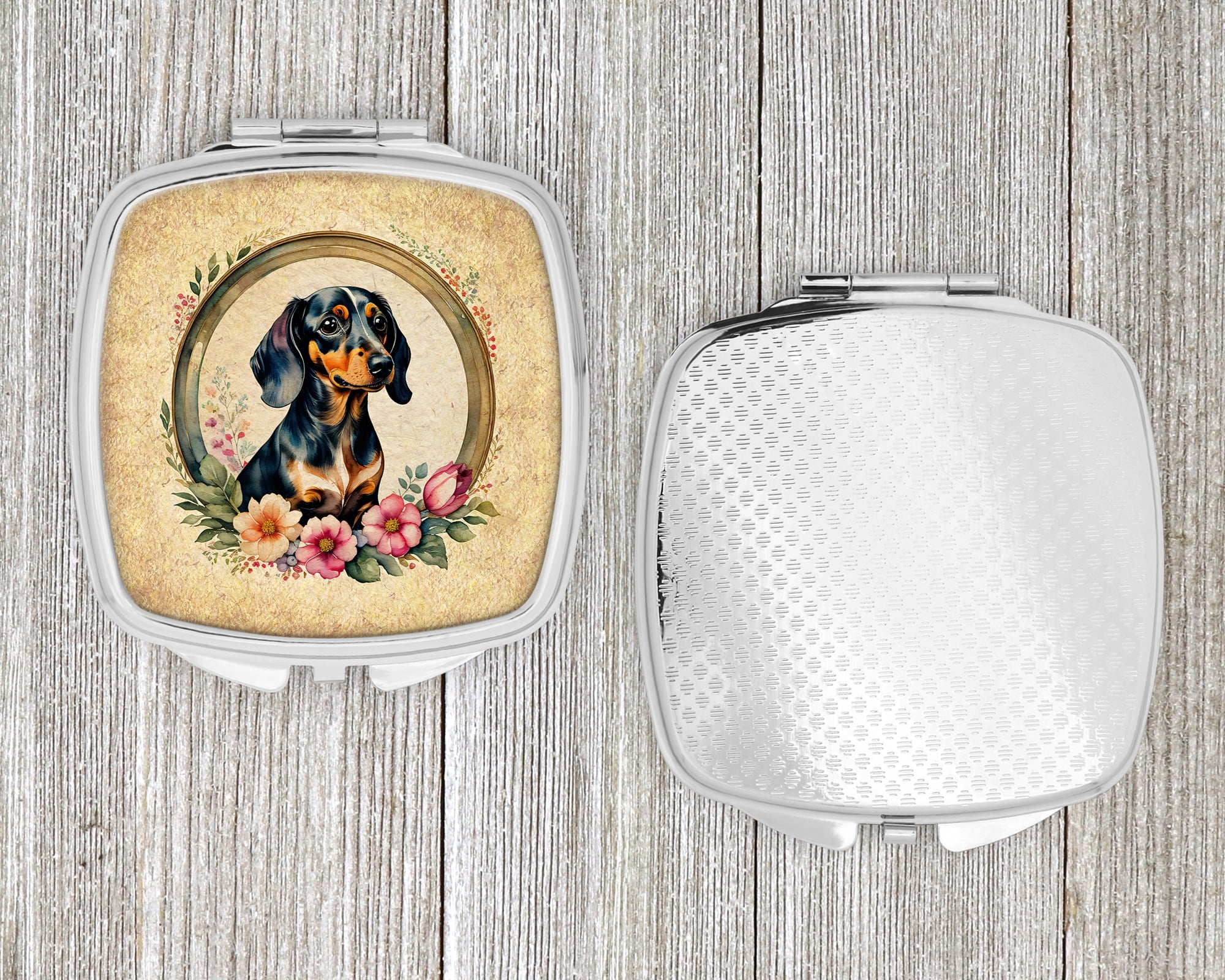 Dachshund and Flowers Compact Mirror 2.75 in x 3 in