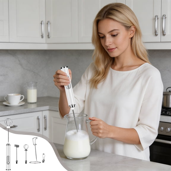 Electric Milk Frother Handheld Rechargeable with Stand, 3 Speed USB Rechargeable Frother with 2 Whisks for Coffee Latte Cappuccino Matcha and Egg Beating, 304 Stainless Steel Whisk Heads, White, 25cm