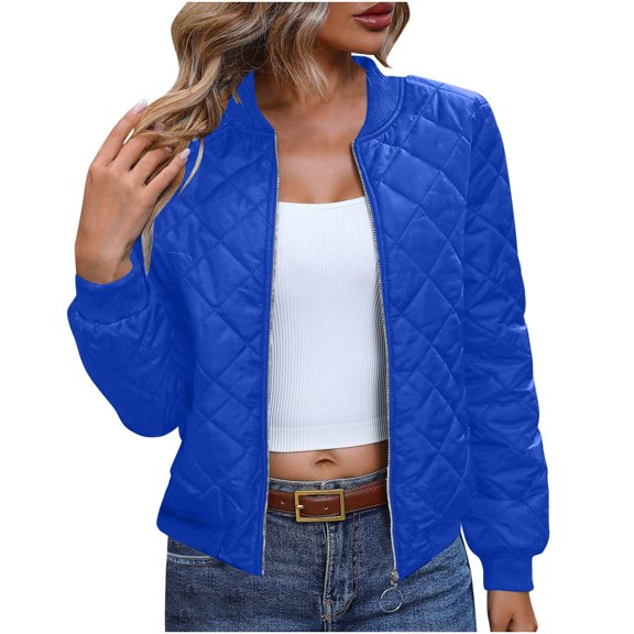 HTNBO Women's Winter Bomber Jacket Long Sleeve Diamond Quilted Puffer Jackets Casual Full Zip Up Padded Coat with Pockets