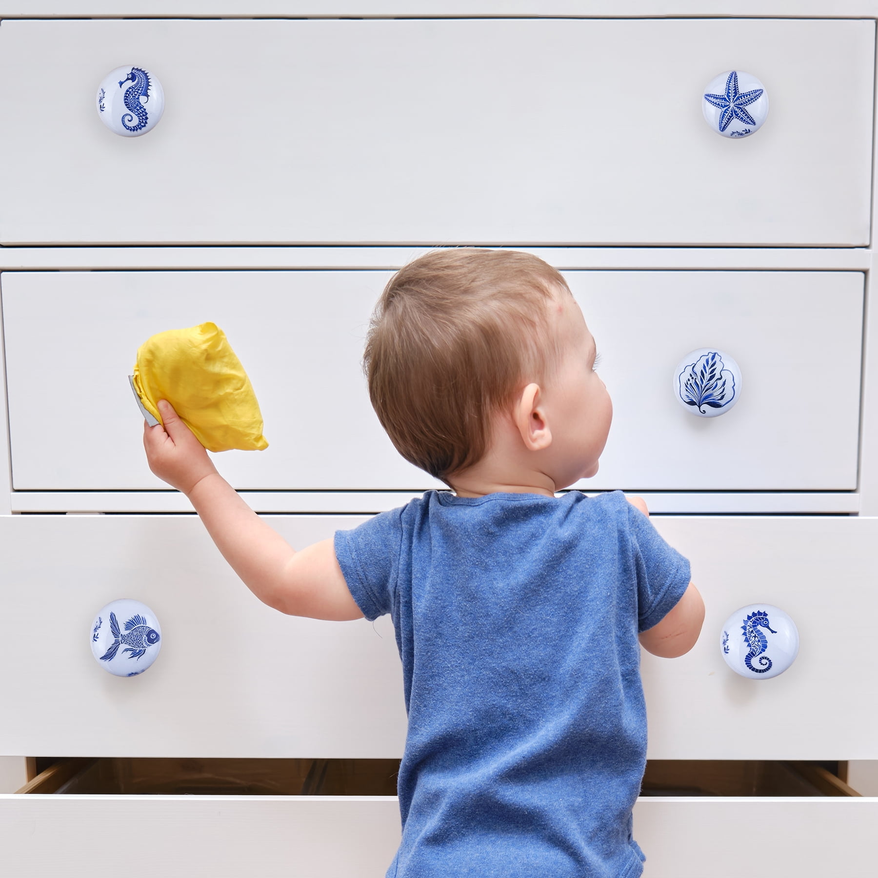 Jamjam Coastal Beach Cabinet Themed Nautical Kids Drawer Knobs, 1.5 Diameter Round Ceramic Blue with Screws 6 Piece