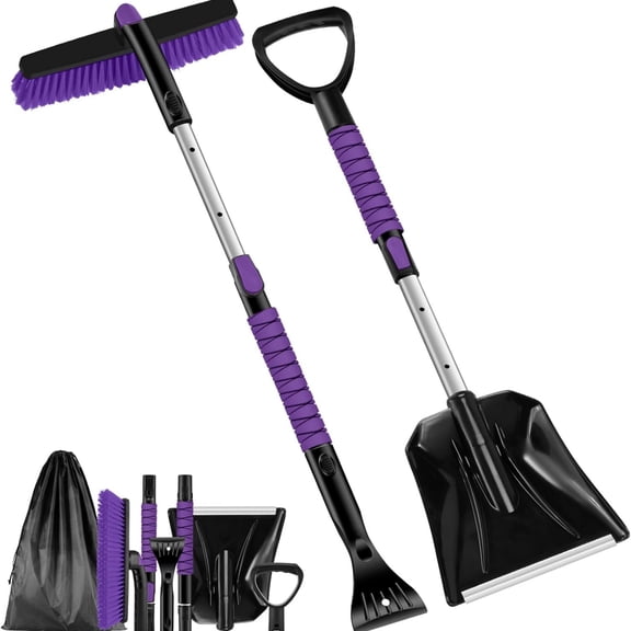 Ice Scraper with Snow Brush and Snow Shovel, 35" Extendable Snow Remover with Foam Grip, 360° Pivoting Brush Head for Car Windshield, Emergency Snow Scraper for SUV Truck Vehicle, Purple